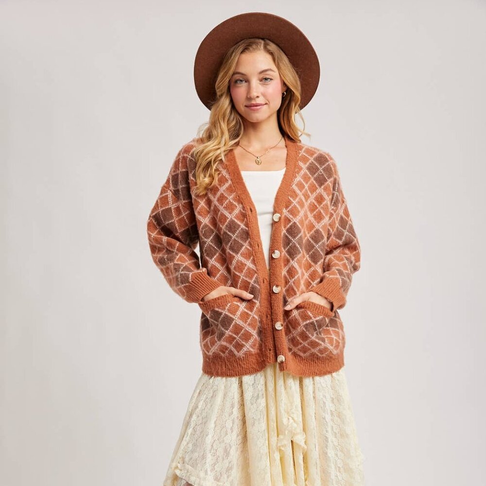 Bluivy Argyle Button Down Cardigan Caramel - image 1